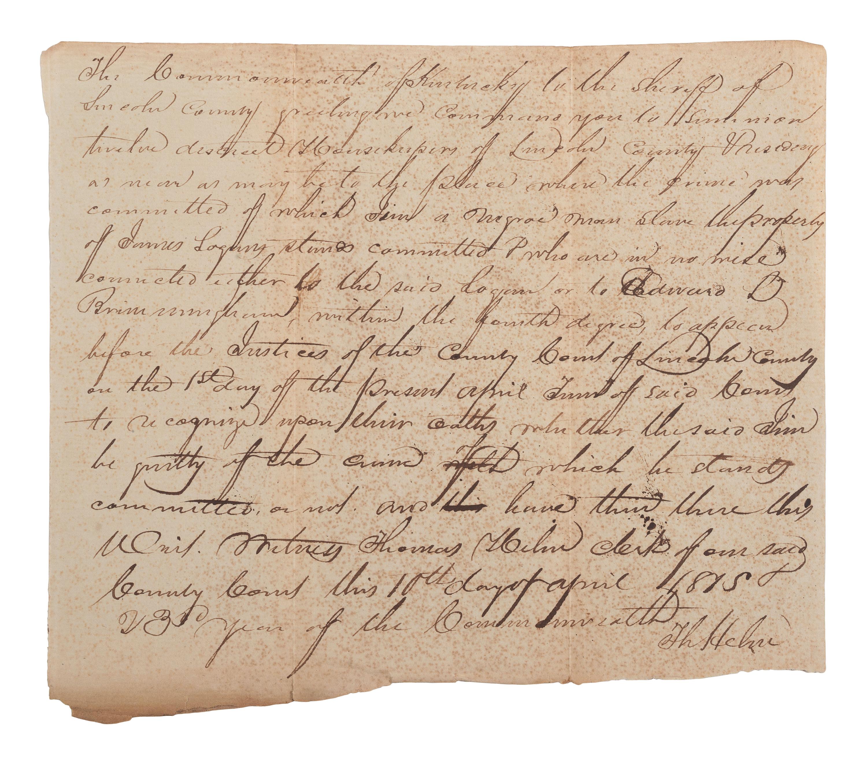[ENSLAVEMENT & ABOLITION]. A collection of 4 documents related to the arrest and trial of enslaved men "Stephen" and "Jim," who were convicted of stealing. Lincoln County, KY. 1815.