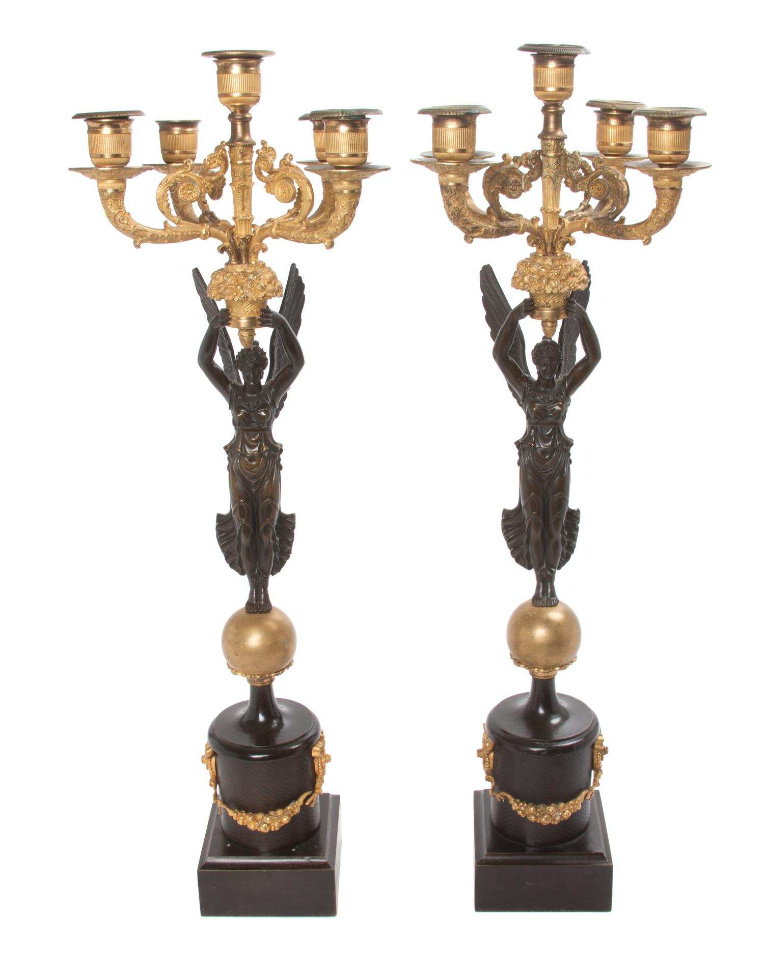 A Pair of French Gilt and Patinated Bronze Five-Light Candelabra Height 26 inches.