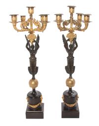 A Pair of French Gilt and Patinated Bronze Five-Light Candelabra Height 26 inches.