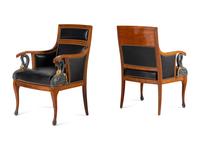 A Pair of Empire Style Painted and Parcel Gilt Mahogany Armchairs