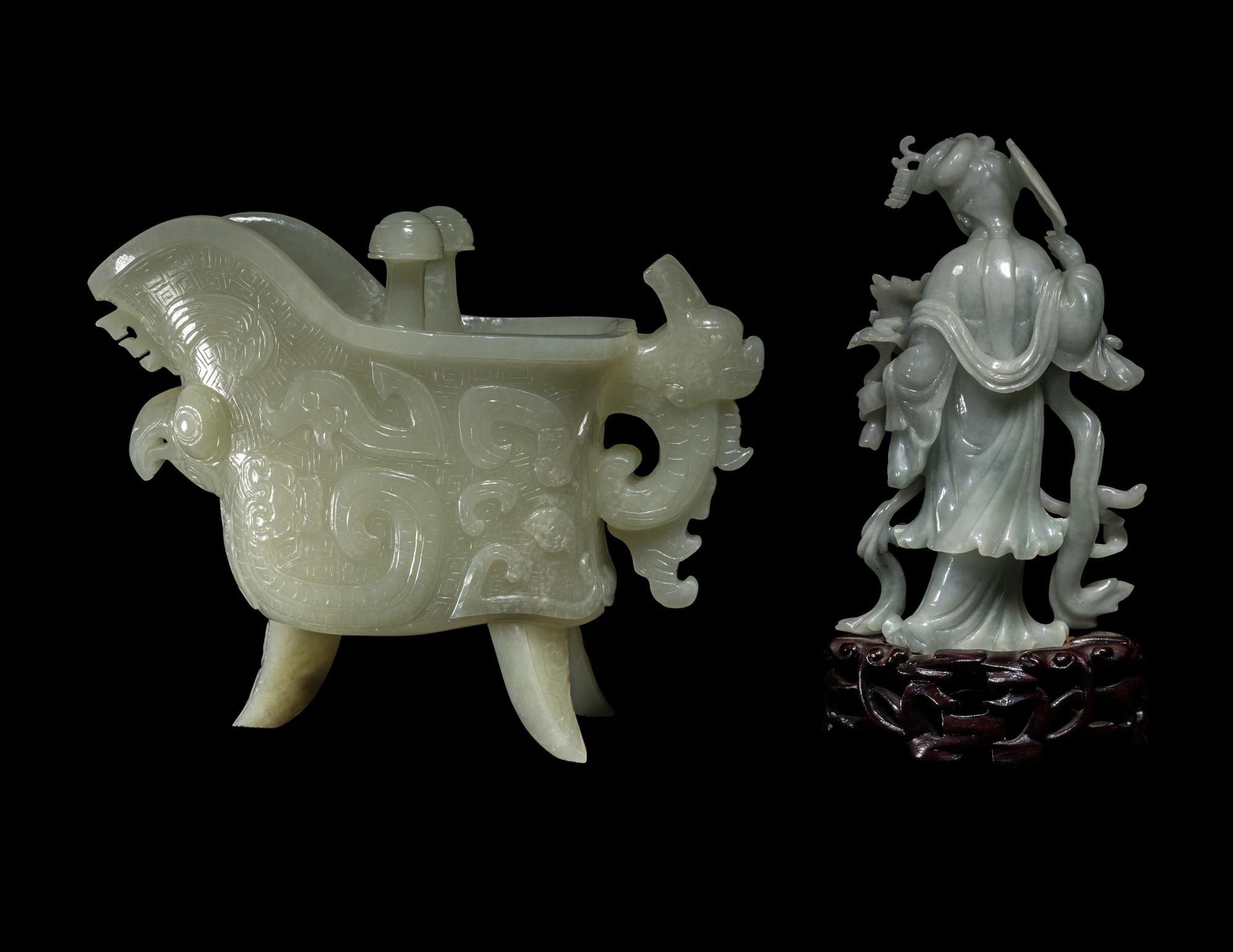 Two Chinese Celadon Jade and Jadeite Carvings