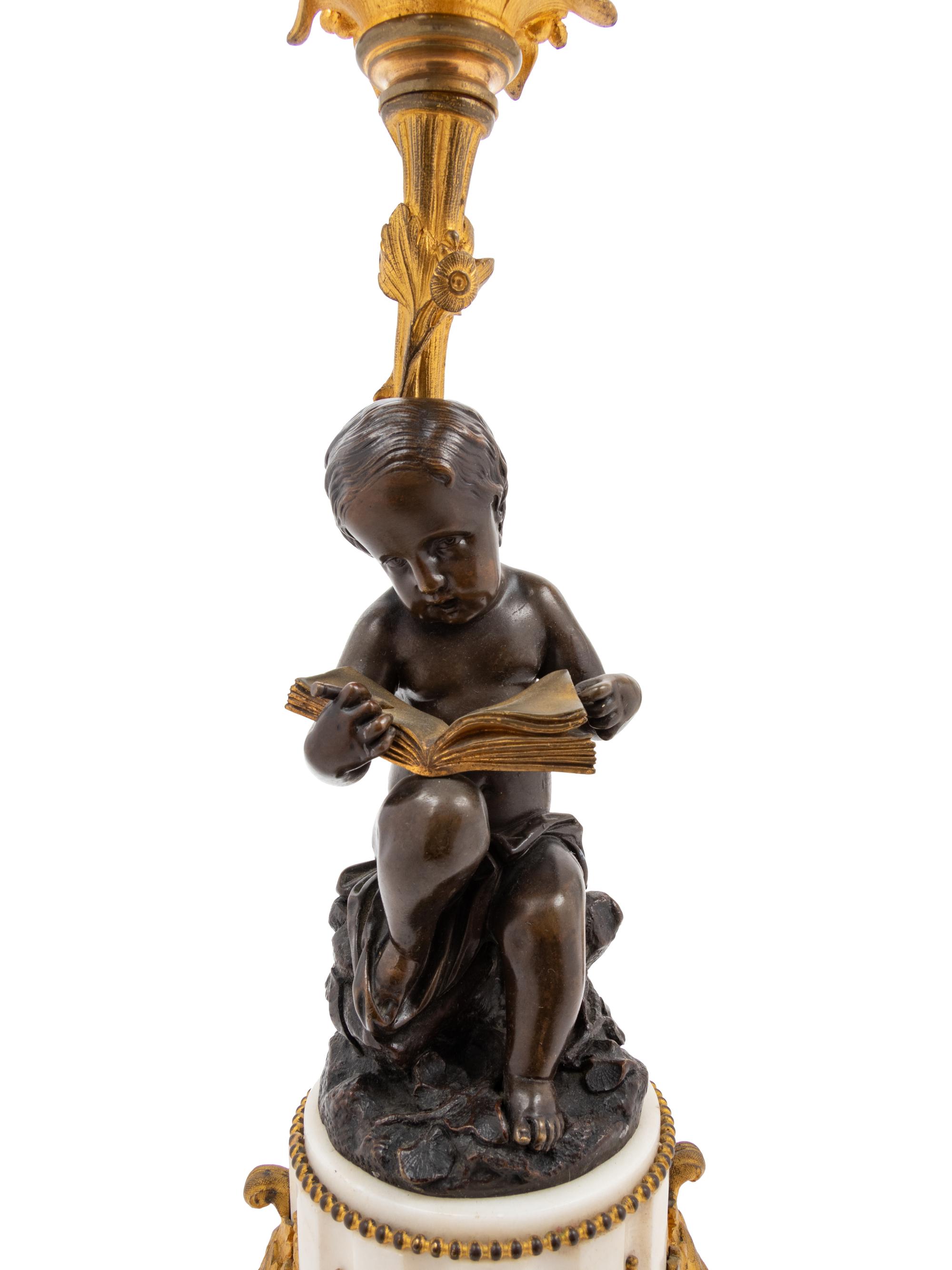 A Pair of Louis XVI Style Gilt and Patinated Bronze Figural Seven-Light Candelabra
