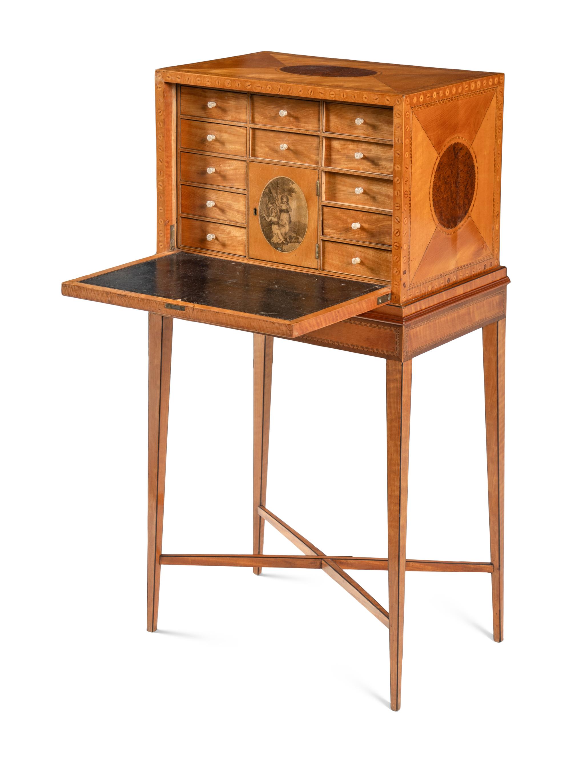 A George III Satinwood, Yew Wood and Marquetry Fall-Front Writing Cabinet on Stand