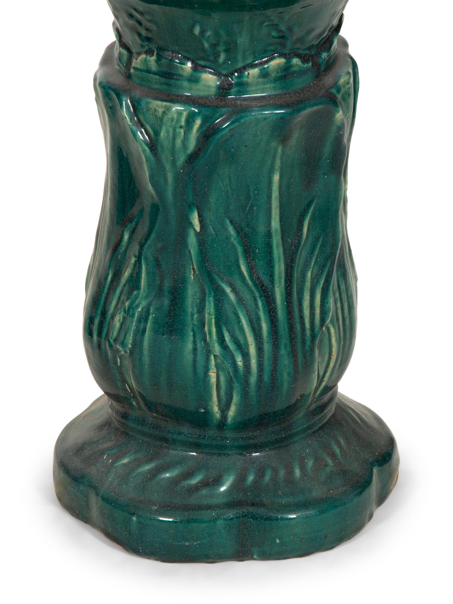 A Pair of Italian Glazed Terracotta Jardinières on Pedestals