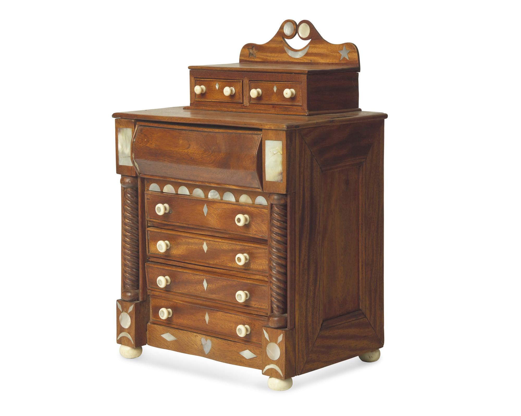 A Miniature Classical Mother-of-Pearl Inlaid Mahogany Chest of Drawers, Likely First Half 19th Century