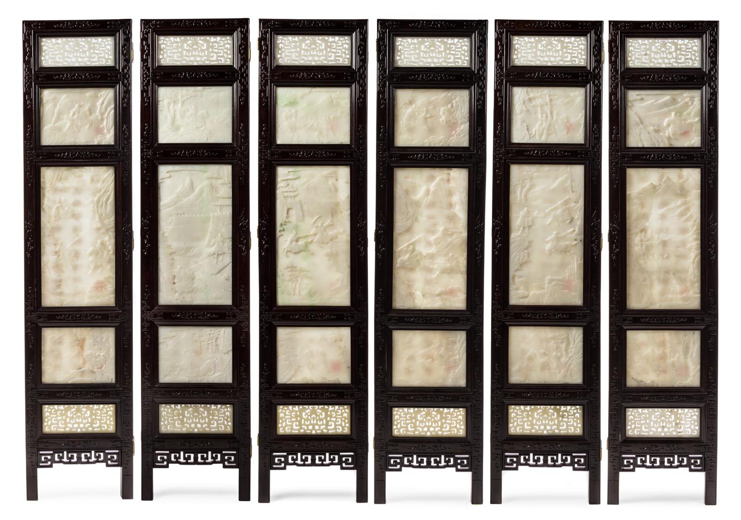 A Chinese White Jade Inset Rosewood Six-Panel Floor Screen 20TH CENTURY Height 77 1/4 x width 17 3/8 inches. — 20TH CENTURY