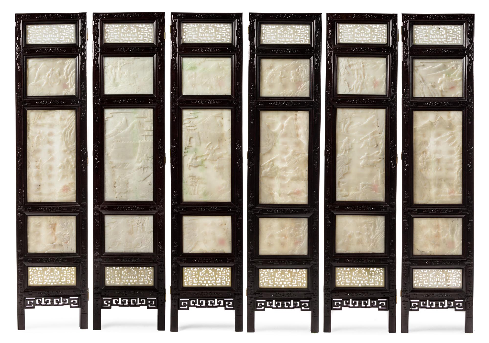 A Chinese White Jade Inset Rosewood Six-Panel Floor Screen 20TH CENTURY Height 77 1/4 x width 17 3/8 inches. — 20TH CENTURY