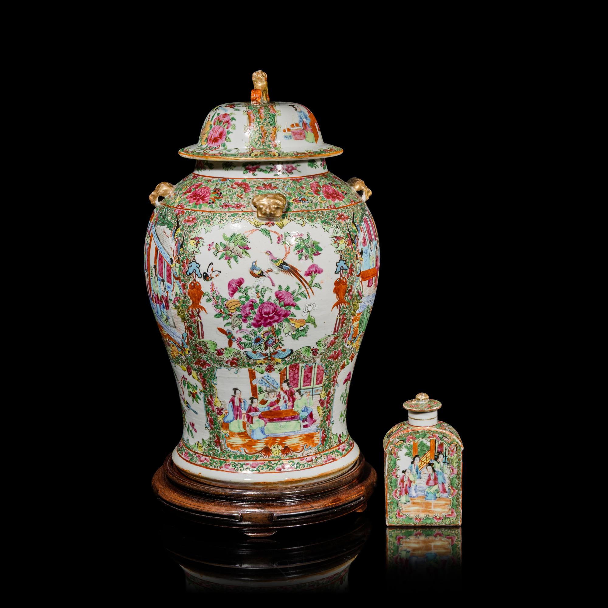 A Chinese Export 'Rose Medallion' Porcelain Covered Jar and A Tea Caddy, 19th Century — 清晚期 廣彩人物故事圖將軍罐及茶葉罐