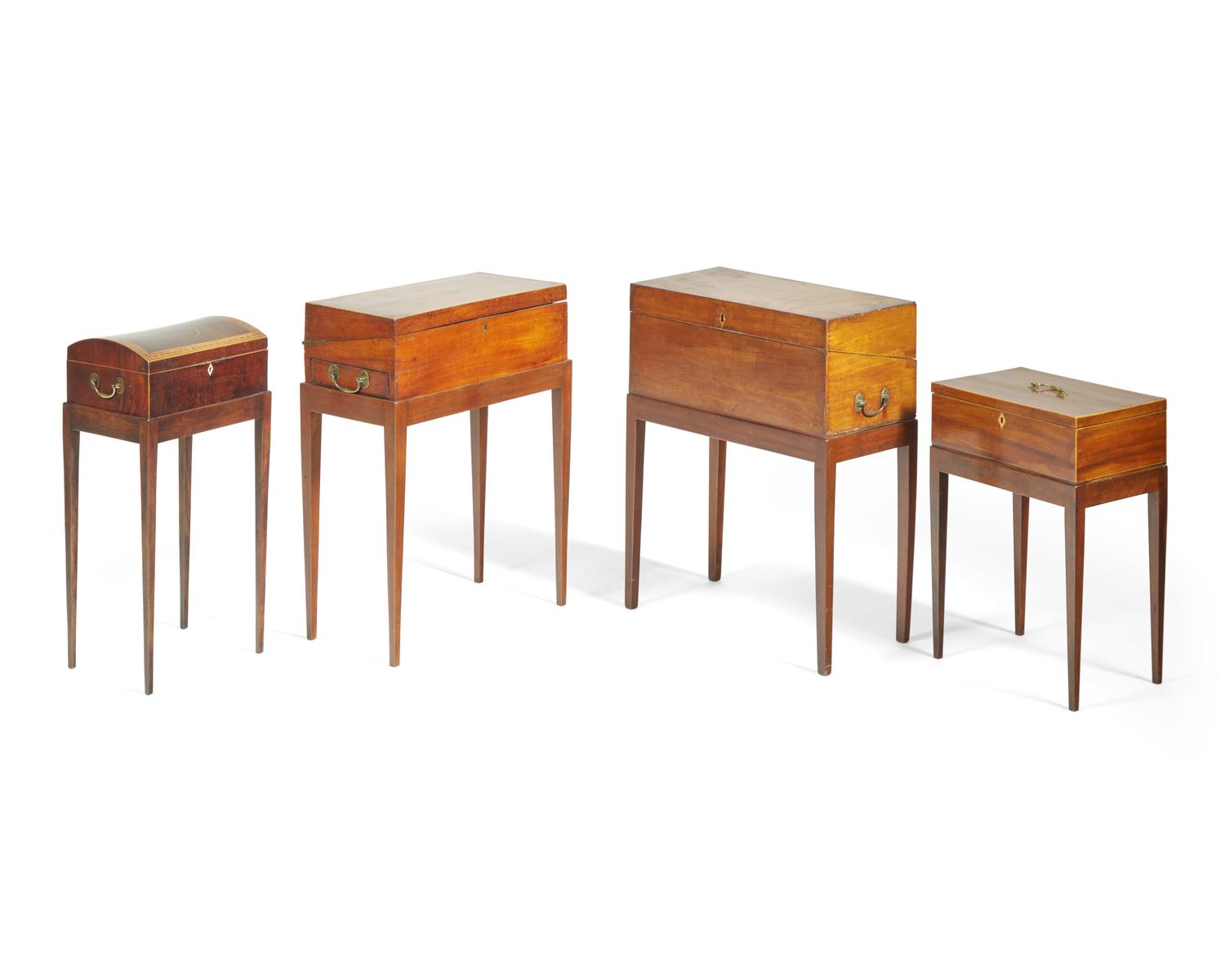 A group of four George III inlaid mahogany writing and document boxes on later stands, late 18th / early 19th century and later
