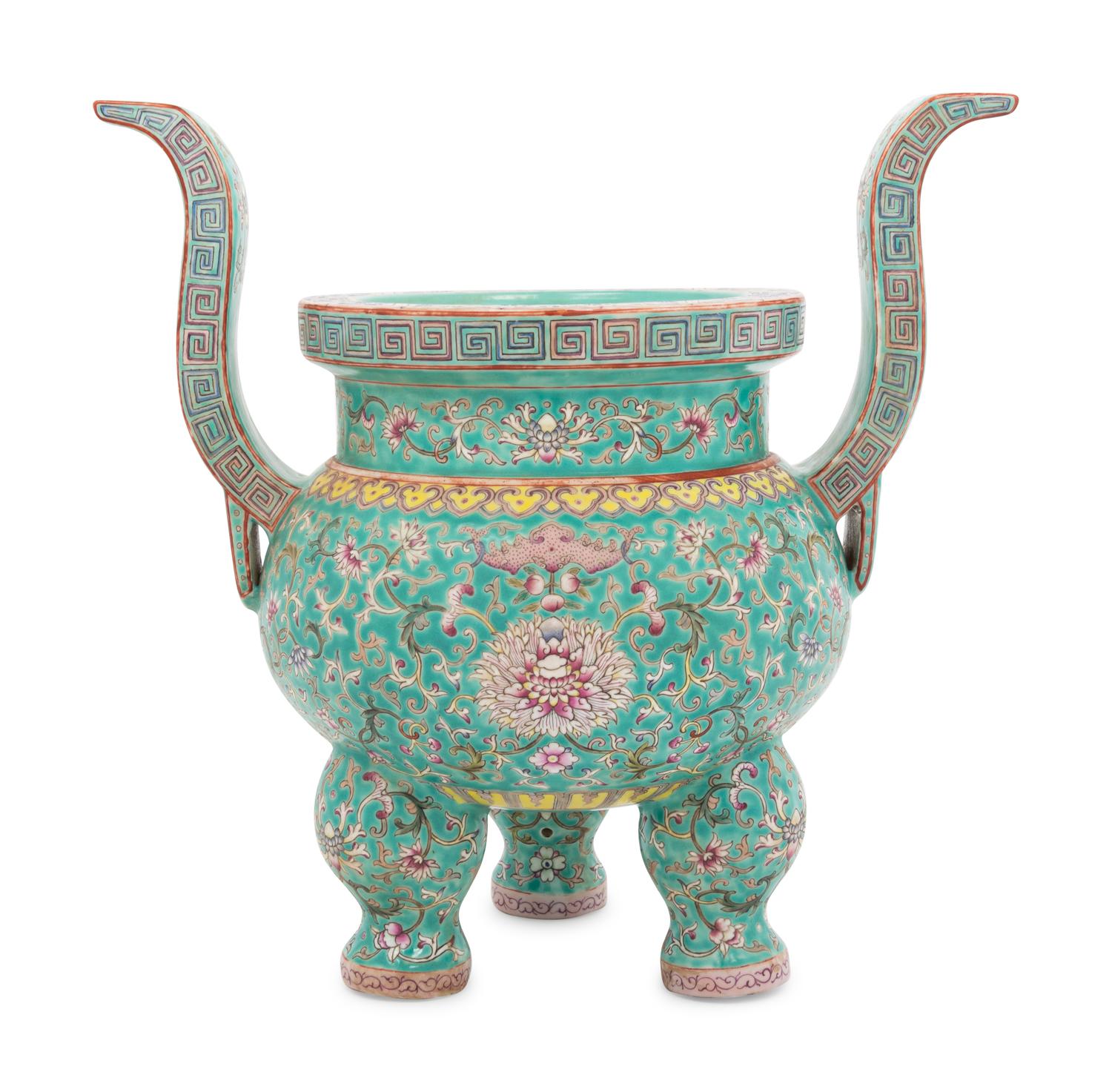A Turquoise Ground Famille Rose Porcelain Incense Burner