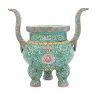 A Turquoise Ground Famille Rose Porcelain Incense Burner