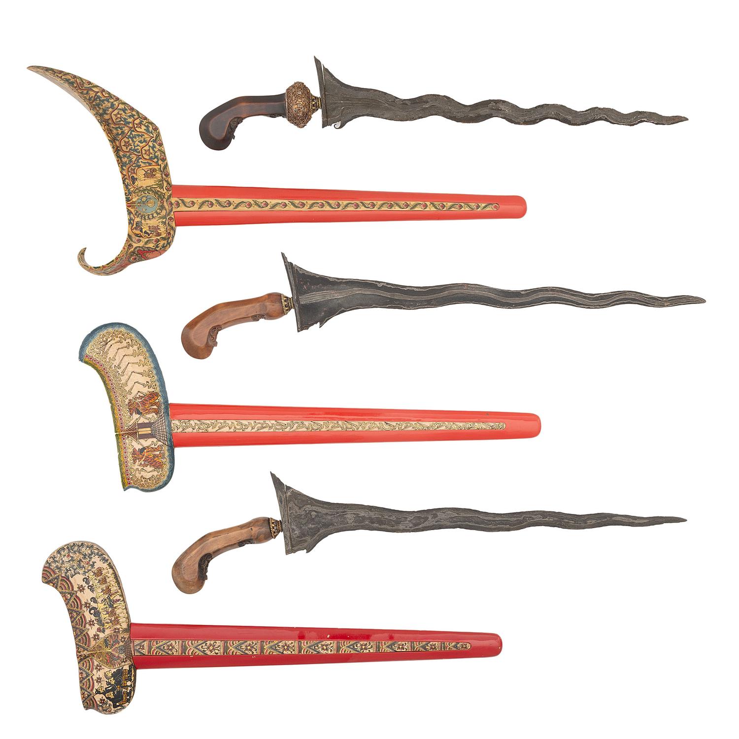 Three Decorative Javanese Kris Knives with Display Stand