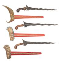 Three Decorative Javanese Kris Knives with Display Stand