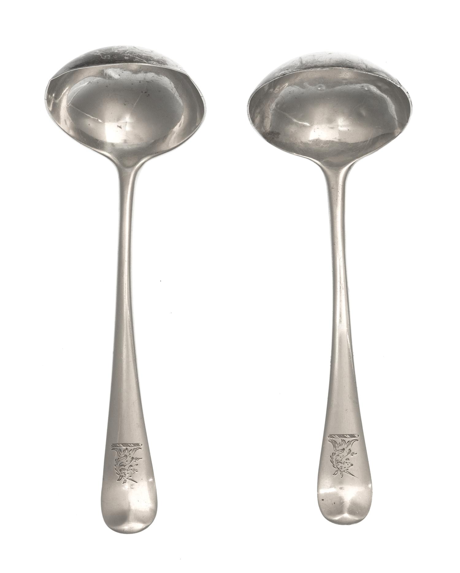 A Matched Pair of George II Silver Sauce Ladles, Example by Samuel Holmes, London, 1748, each terminal engraved with a unicorn.