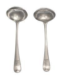 A Matched Pair of George II Silver Sauce Ladles, Example by Samuel Holmes, London, 1748, each terminal engraved with a unicorn.