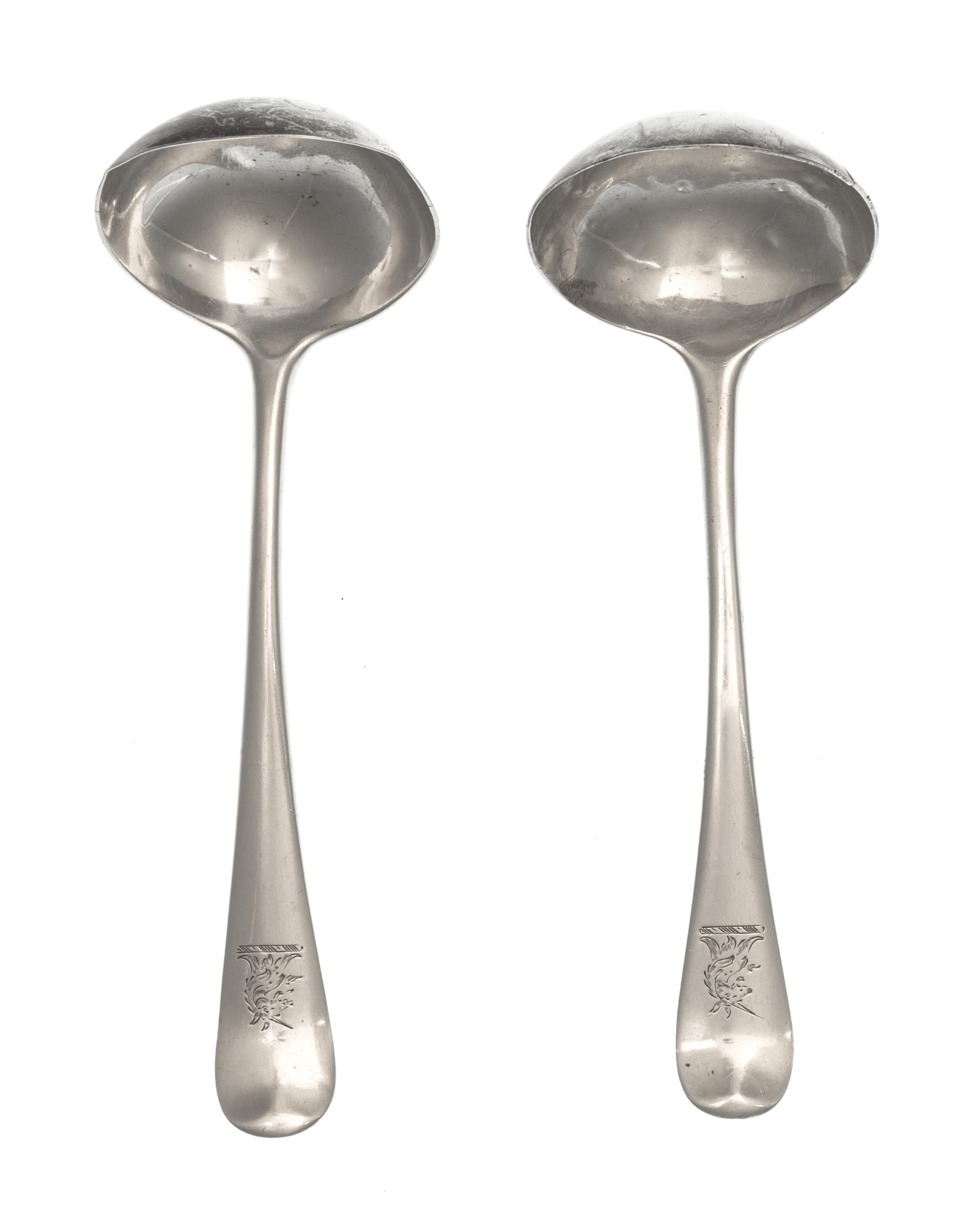 A Matched Pair of George II Silver Sauce Ladles, Example by Samuel Holmes, London, 1748, each terminal engraved with a unicorn.