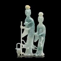 A Chinese Green Jadeite Carving of Two Female Immortals, 20th Century 近代 翡翠仕女擺件