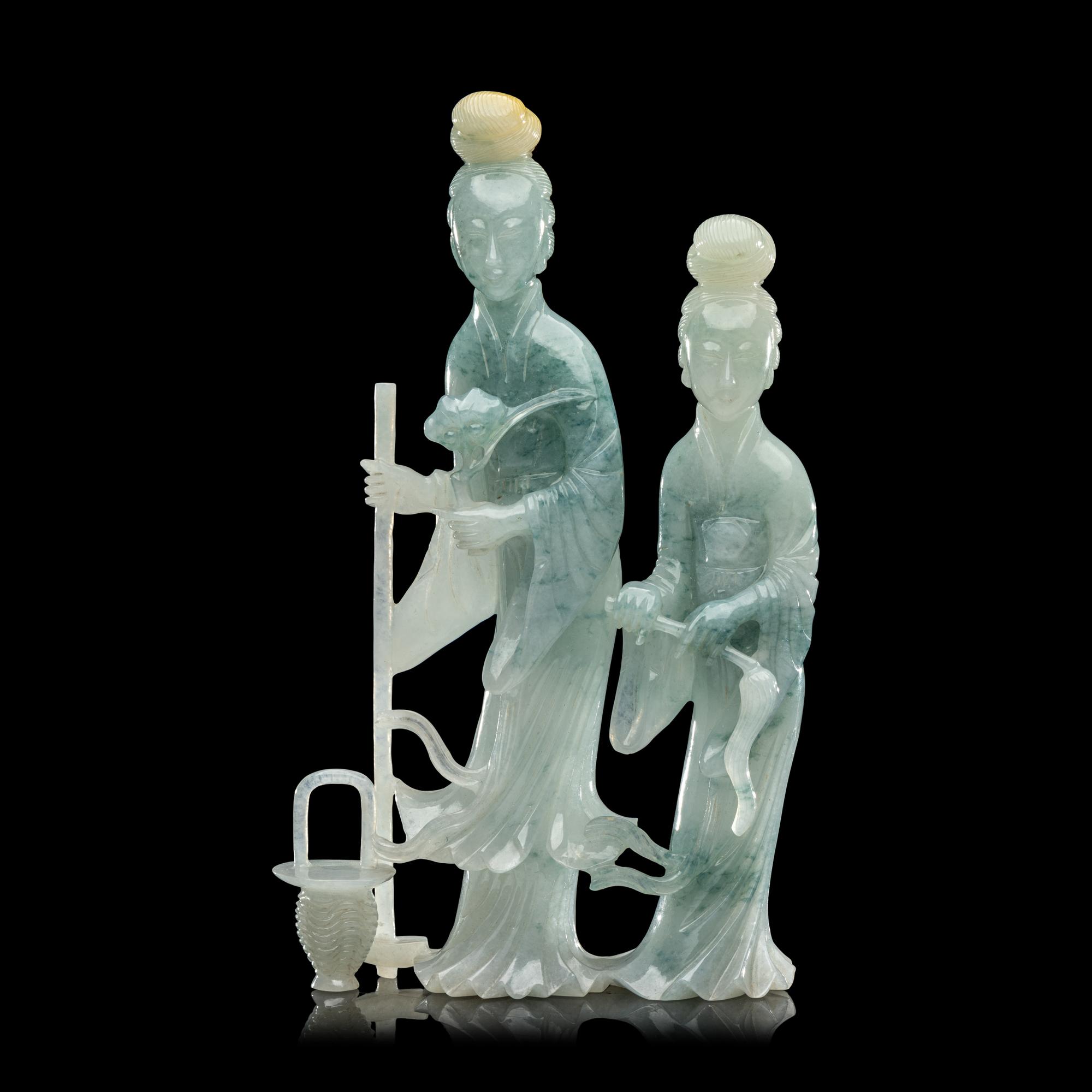 A Chinese Green Jadeite Carving of Two Female Immortals, 20th Century 近代 翡翠仕女擺件