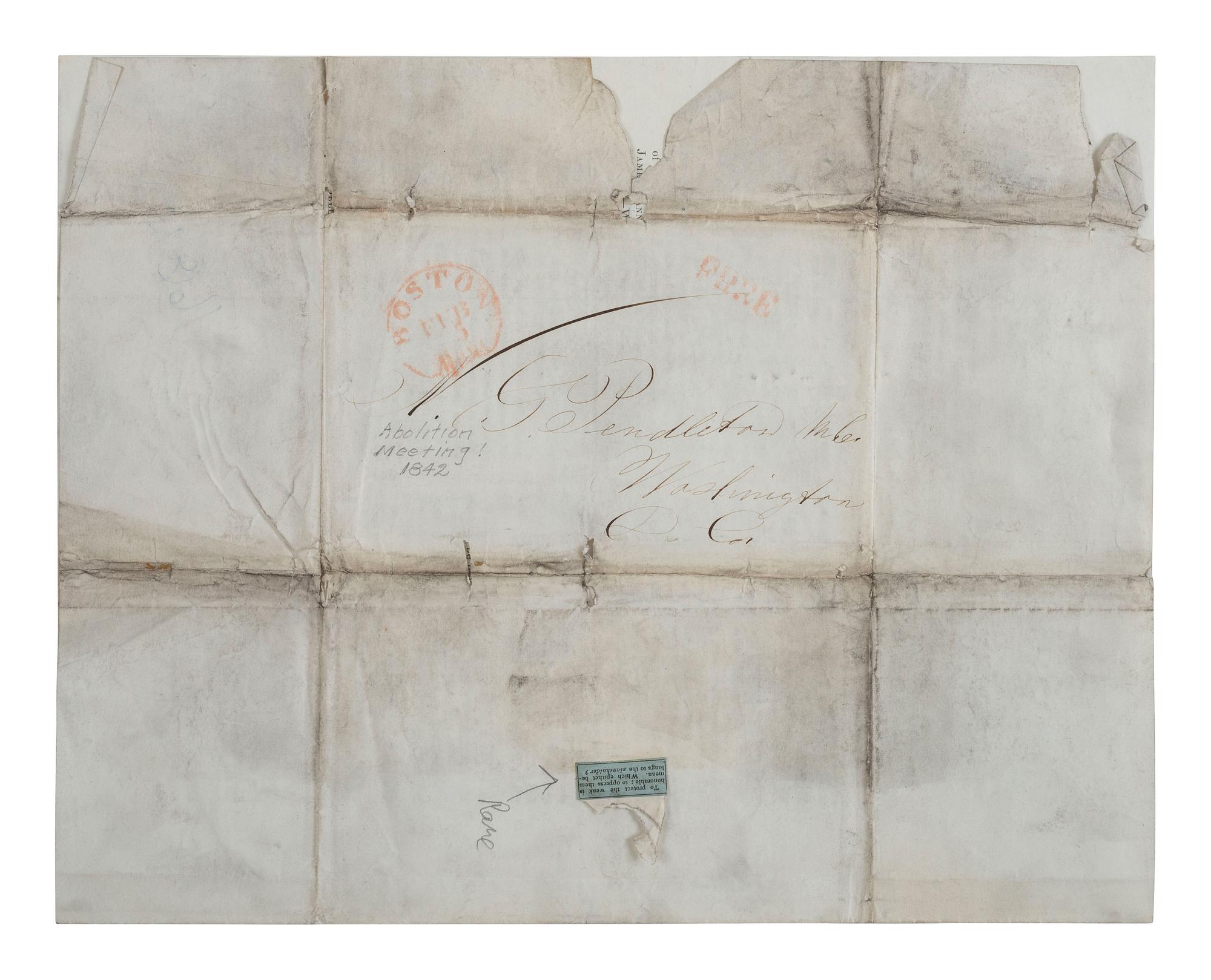 [SLAVERY & ABOLITION]. GARRISON, William Lloyd (1805-1879). Great Meeting in Faneuil Hall, for the abolition of Slavery in the District of Columbia. Boston: N.p., 1842. Postmarked Boston, 1842.