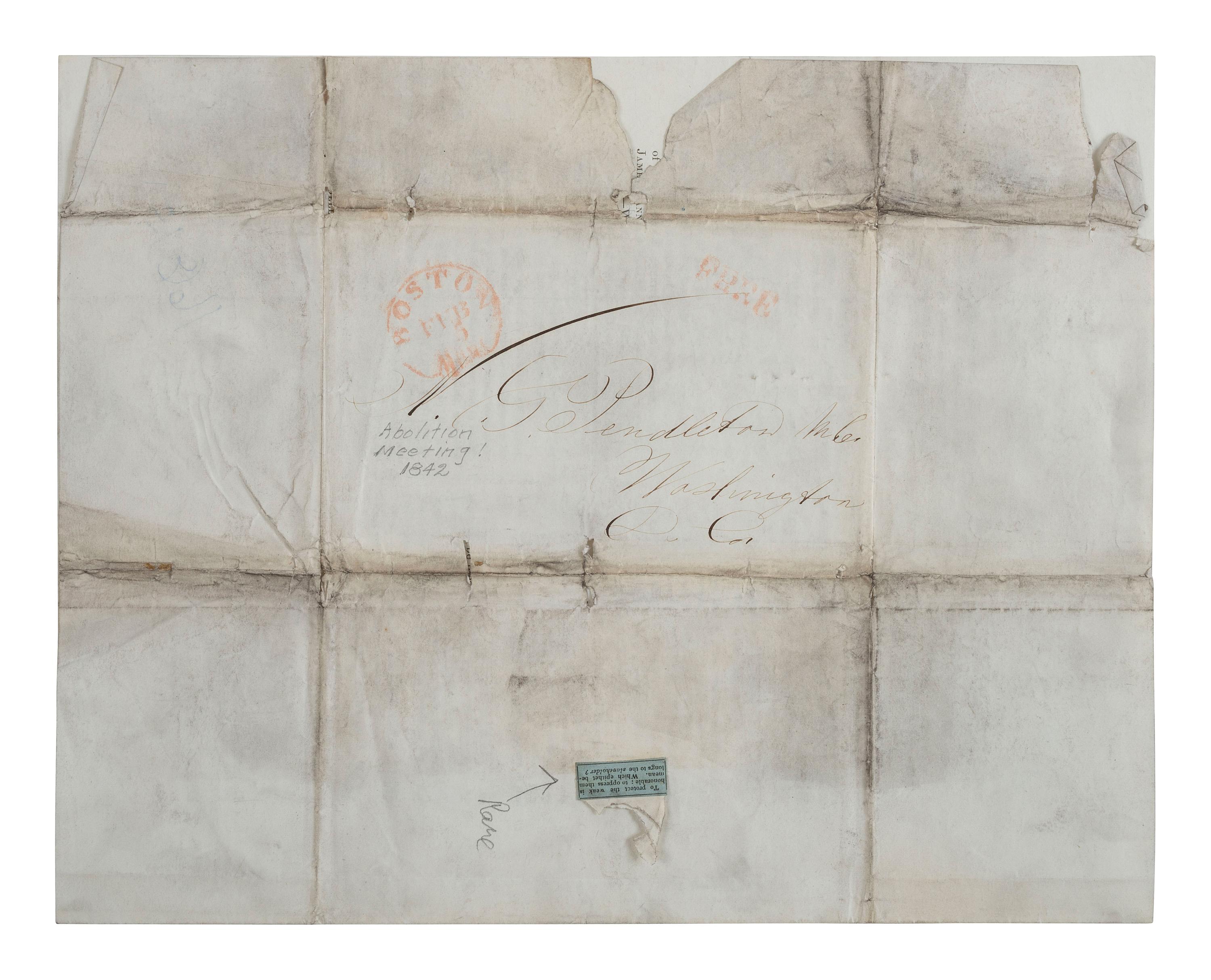[SLAVERY & ABOLITION]. GARRISON, William Lloyd (1805-1879). Great Meeting in Faneuil Hall, for the abolition of Slavery in the District of Columbia. Boston: N.p., 1842. Postmarked Boston, 1842.