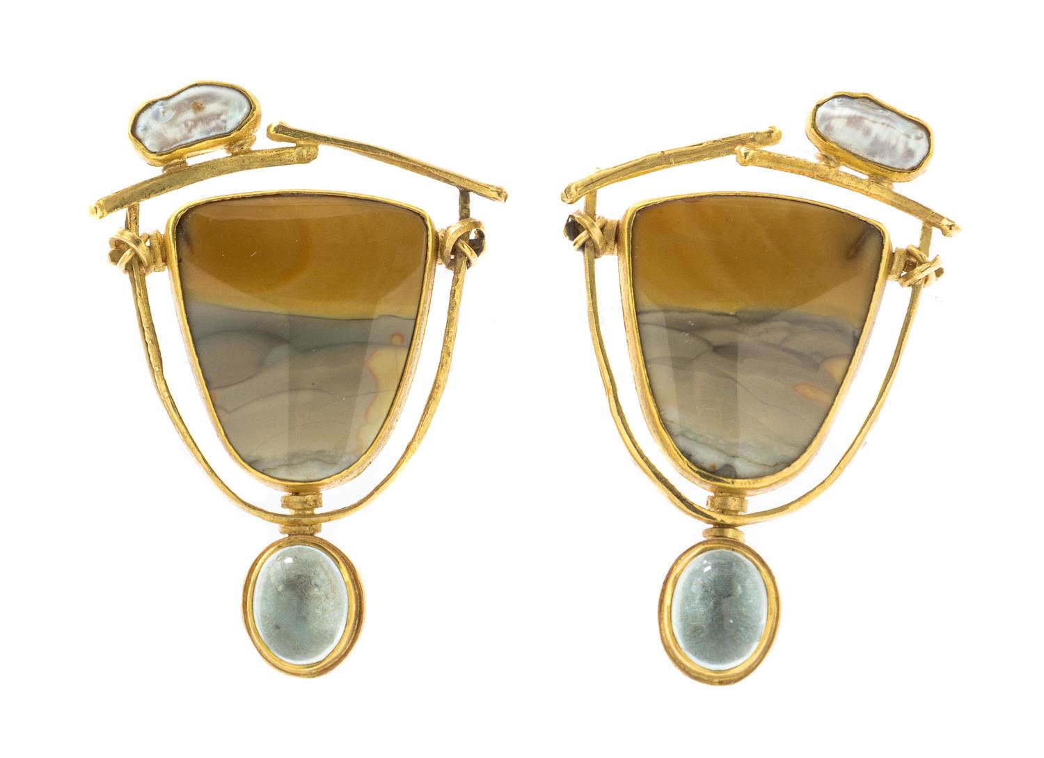 A Pair of Yellow Gold, Landscape Agate, Freshwater Pearl, and Blue Topaz Earclips, Carolyn Morris Bach, 13.20 dwts.