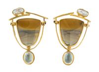 A Pair of Yellow Gold, Landscape Agate, Freshwater Pearl, and Blue Topaz Earclips, Carolyn Morris Bach, 13.20 dwts.