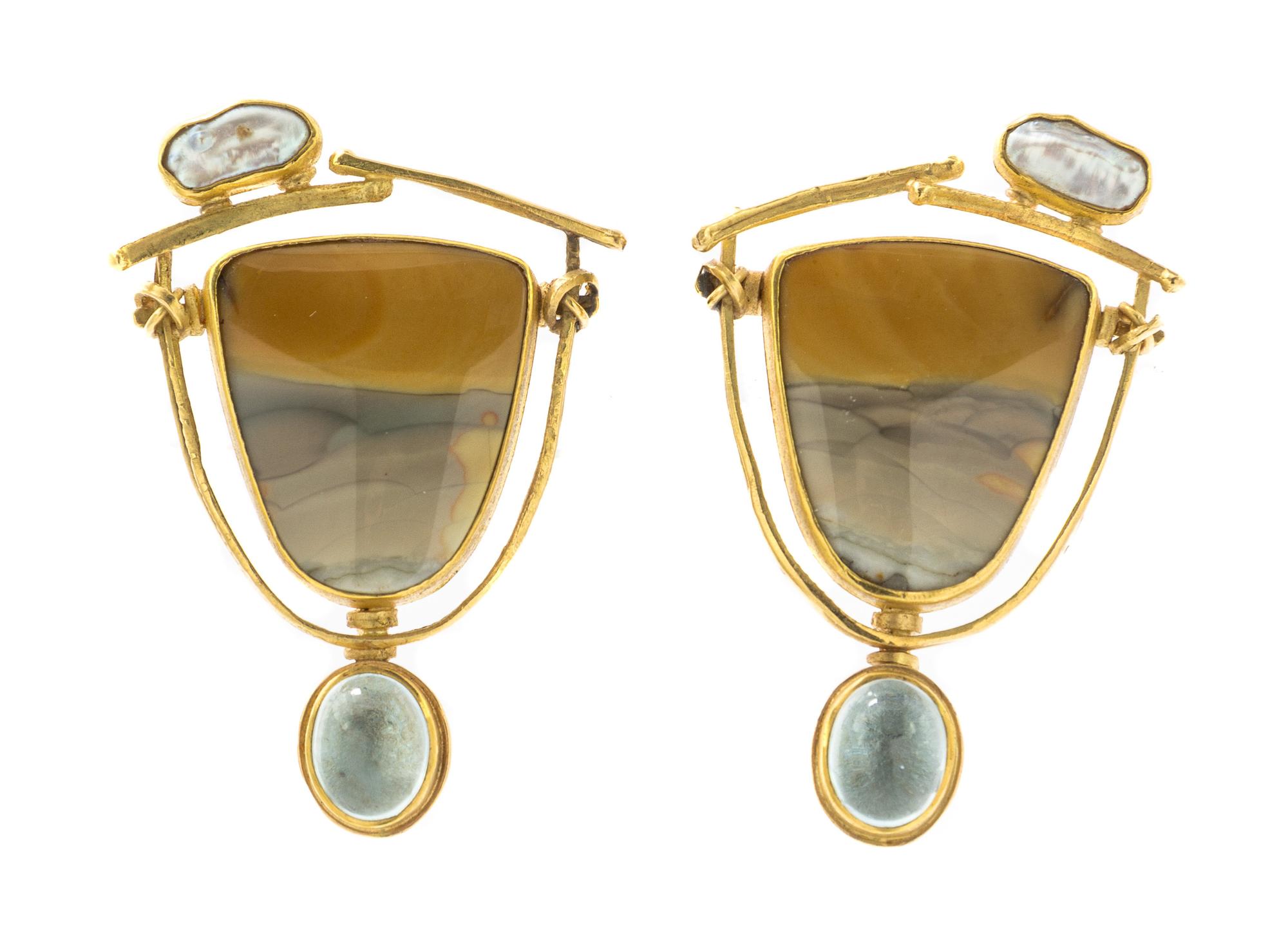 A Pair of Yellow Gold, Landscape Agate, Freshwater Pearl, and Blue Topaz Earclips, Carolyn Morris Bach, 13.20 dwts.