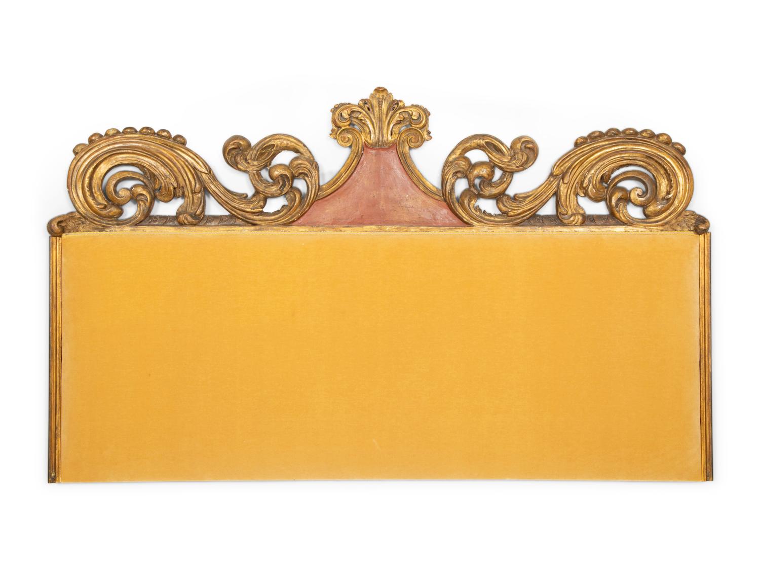 An Italian Painted and Parcel Gilt Upholstered Headboard with Upholstered Lower Panel