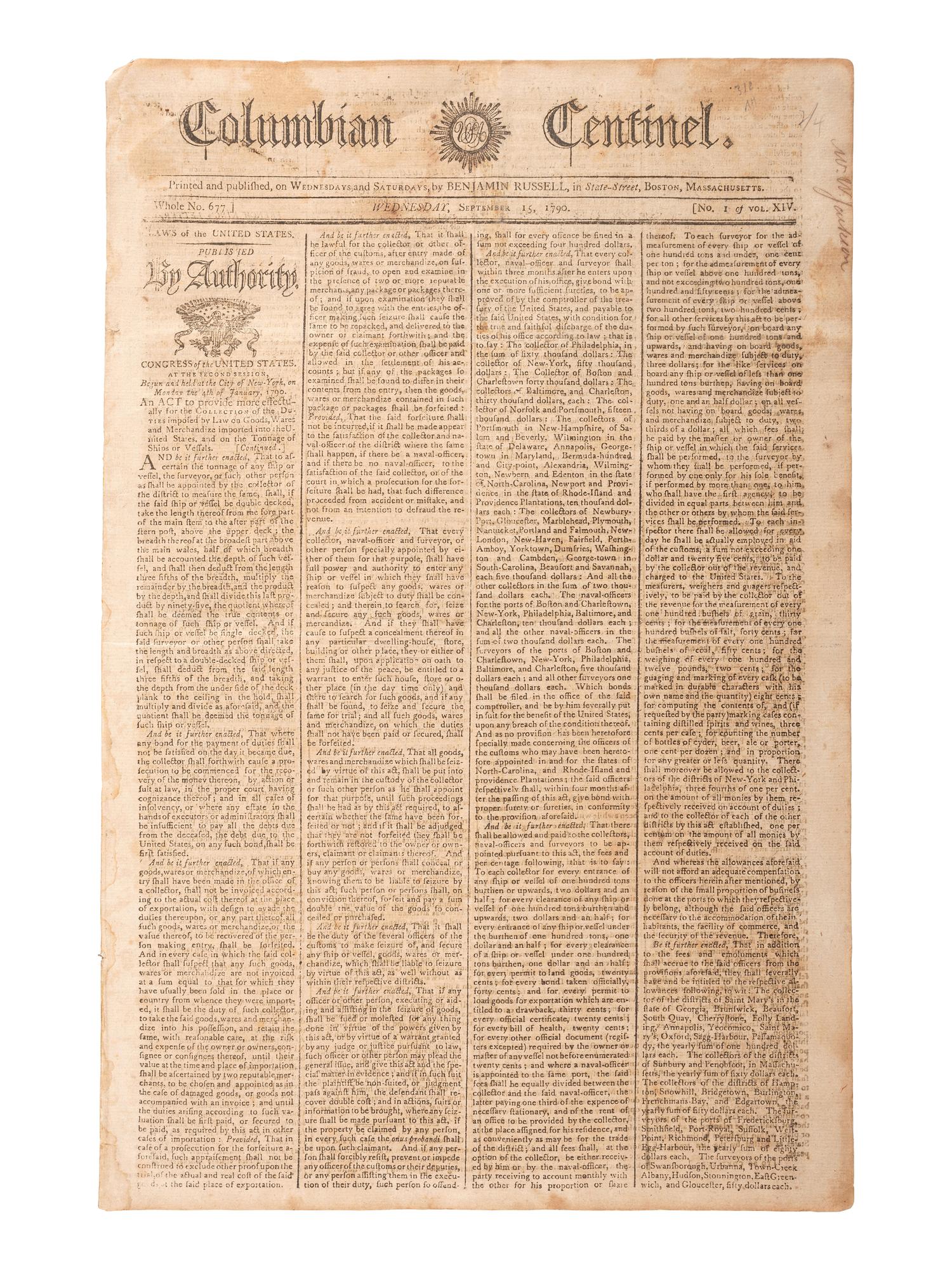 [HAMILTON, Alexander (1757-1804)]. Columbian Centinel. Vol. XIV, No. 1. Boston, MA: Benjamin Russell, 15 Sept 1790.