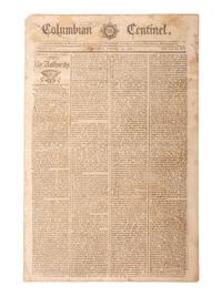 [HAMILTON, Alexander (1757-1804)]. Columbian Centinel. Vol. XIV, No. 1. Boston, MA: Benjamin Russell, 15 Sept 1790.
