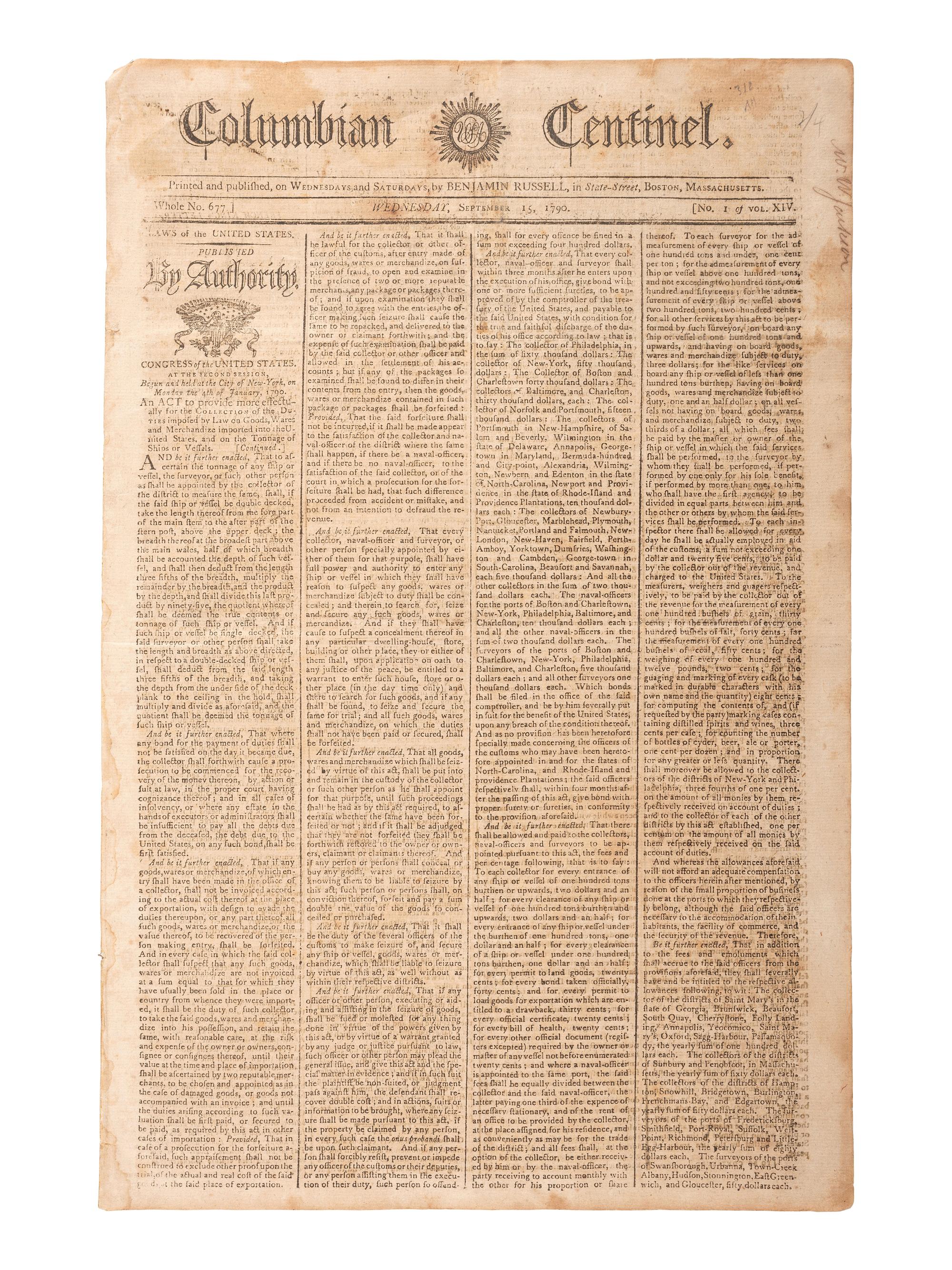 [HAMILTON, Alexander (1757-1804)]. Columbian Centinel. Vol. XIV, No. 1. Boston, MA: Benjamin Russell, 15 Sept 1790.