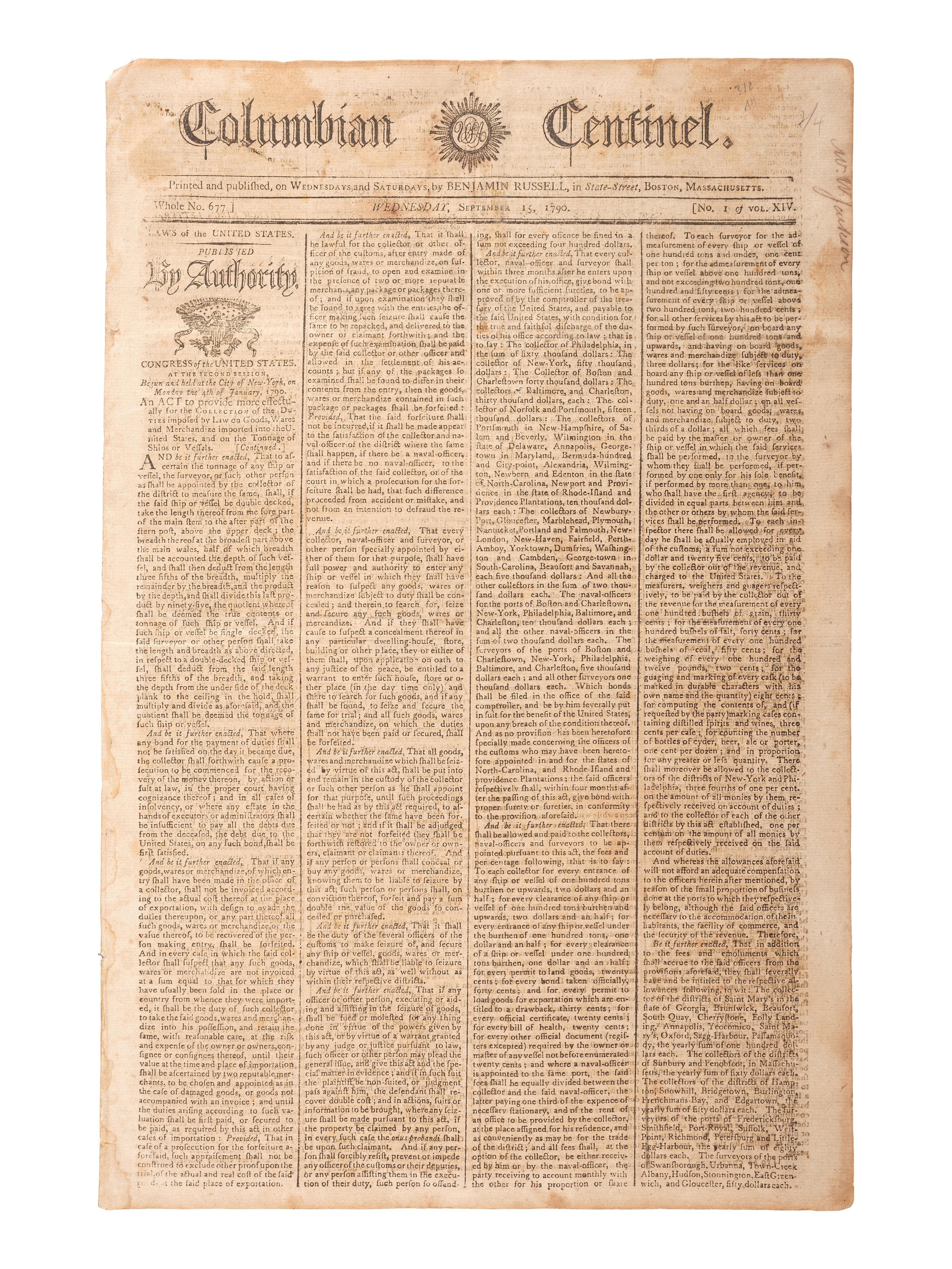 [HAMILTON, Alexander (1757-1804)]. Columbian Centinel. Vol. XIV, No. 1. Boston, MA: Benjamin Russell, 15 Sept 1790.