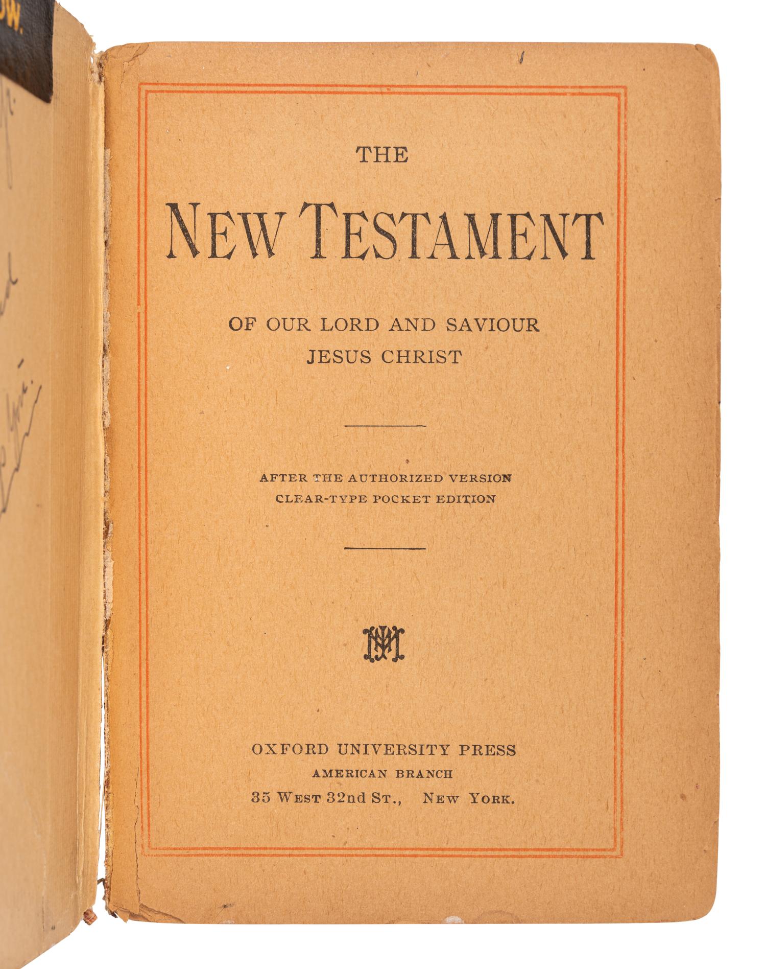 [DARROW, Clarence (1857-1938)] -- [LEOPOLD & LOEB]. The New Testament of our Lord and Saviour Jesus Christ . New York: Oxford University Press, American Branch, 1899.