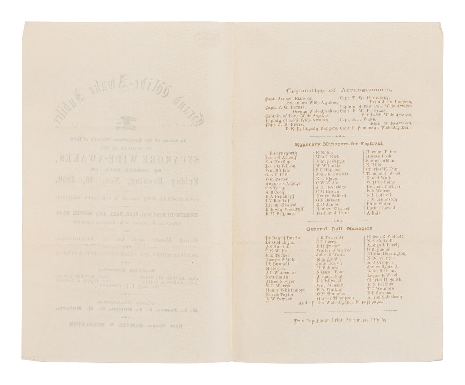 [LINCOLN-HAMLIN CAMPAIGN]. Grand Wide-Awake Jubilee. In honor of the Republican Victory of 1860 . Syamore, IL: True Republican Print, 16 November 1860.