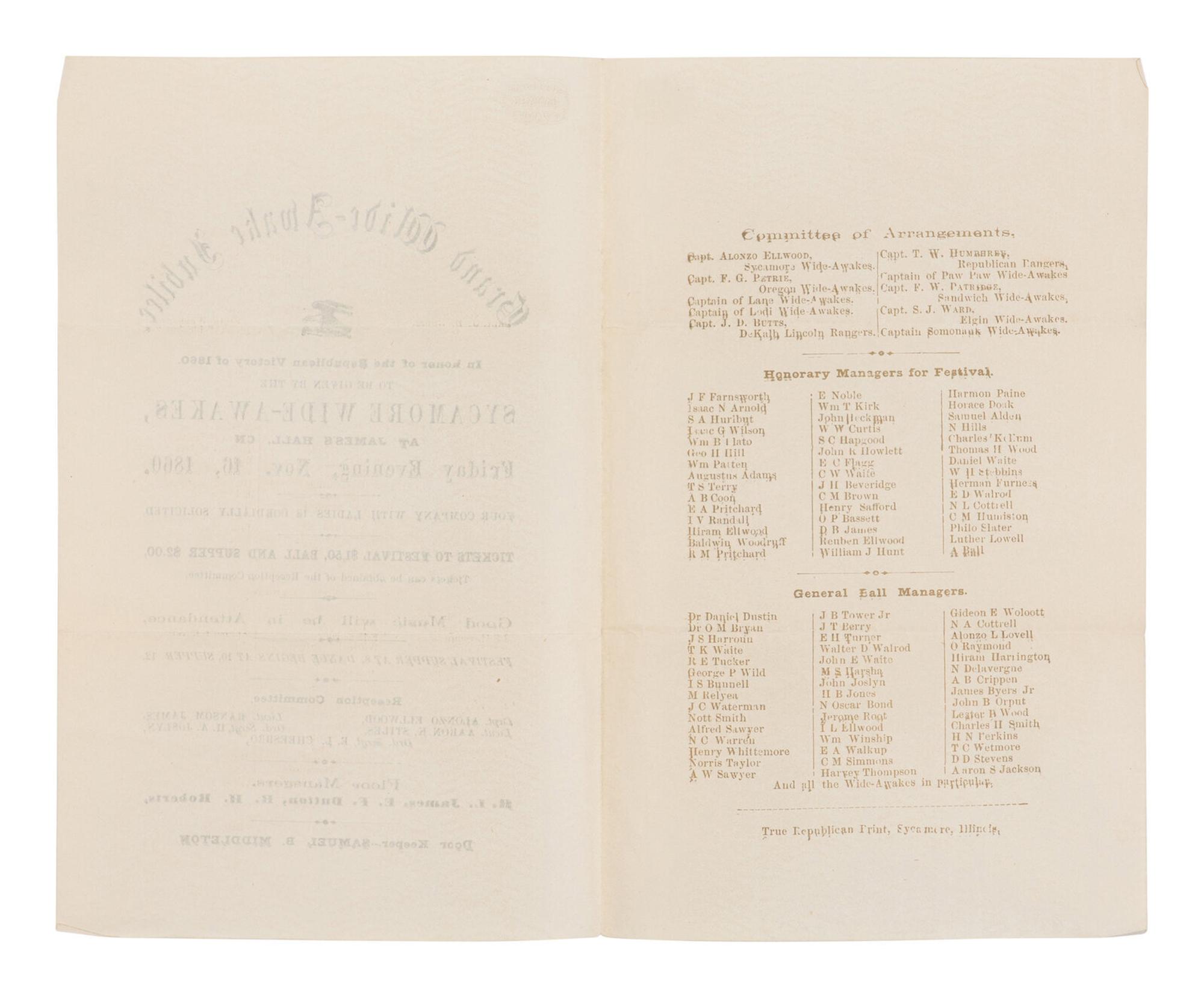 [LINCOLN-HAMLIN CAMPAIGN]. Grand Wide-Awake Jubilee. In honor of the Republican Victory of 1860 . Syamore, IL: True Republican Print, 16 November 1860.