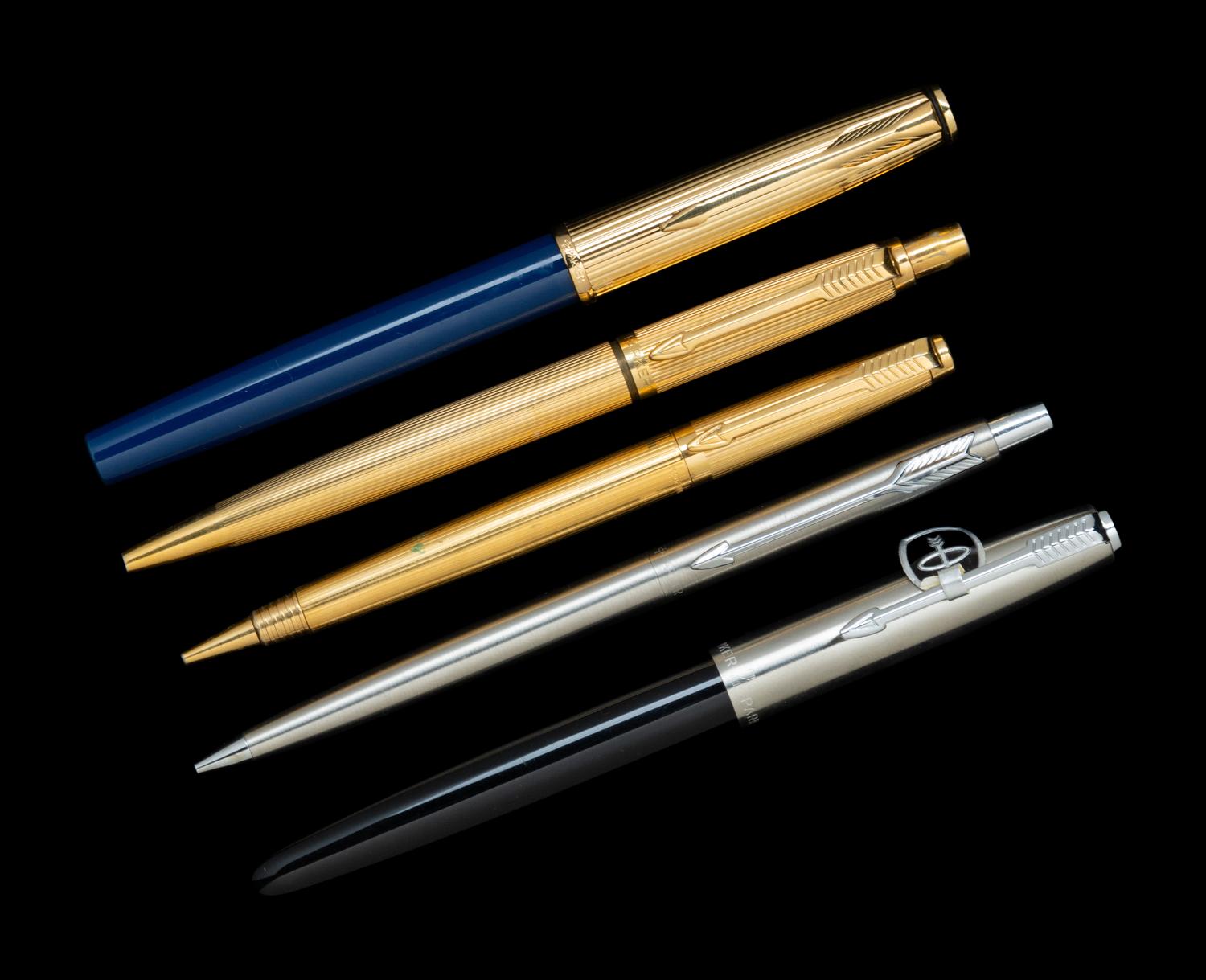 Two Uninked Parker Fountain Pens and Three Other Parker Writing Instruments