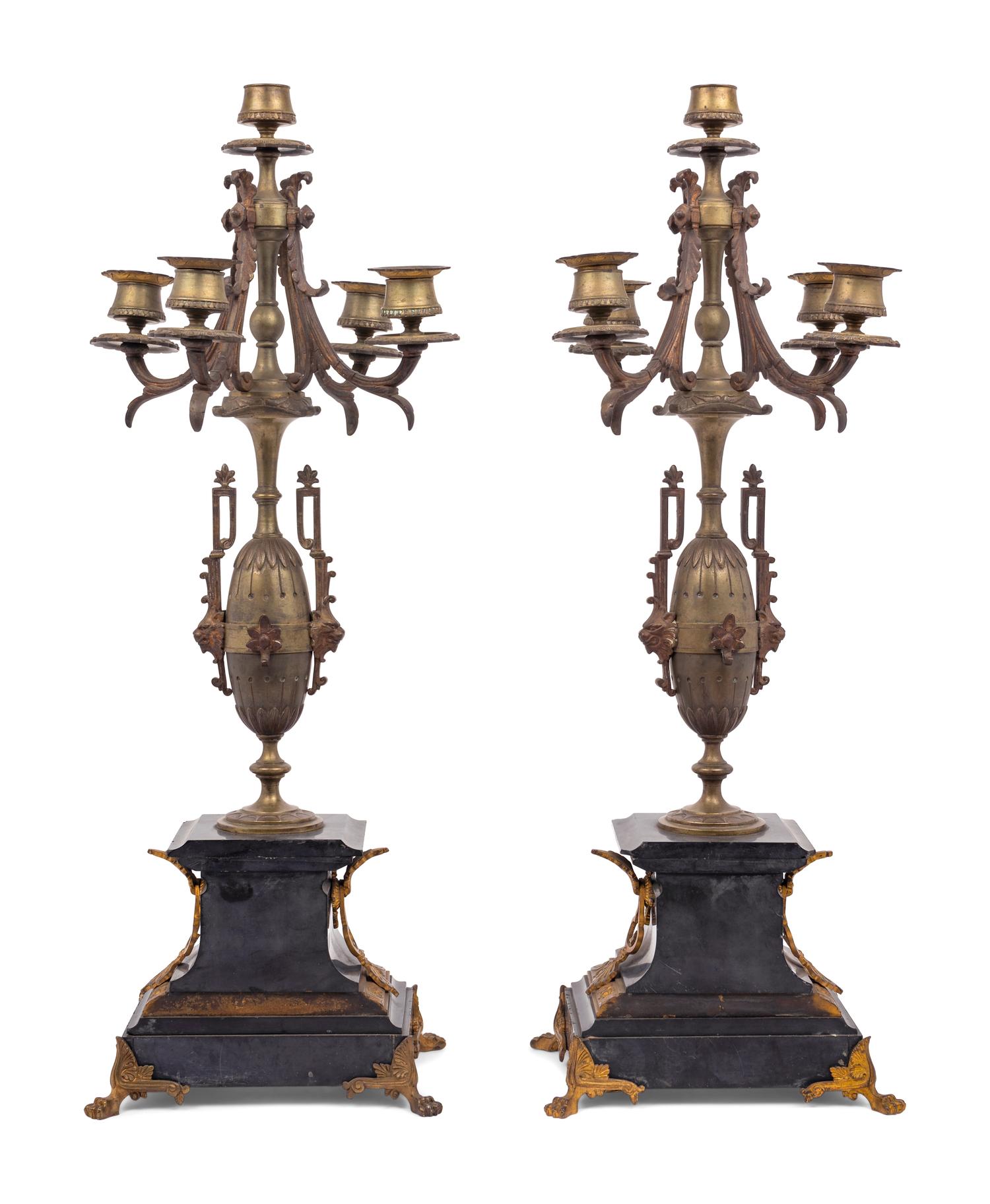 A Pair of French Gilt Bronze and Slate Five-Light Candelabra