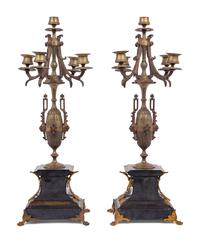 A Pair of French Gilt Bronze and Slate Five-Light Candelabra