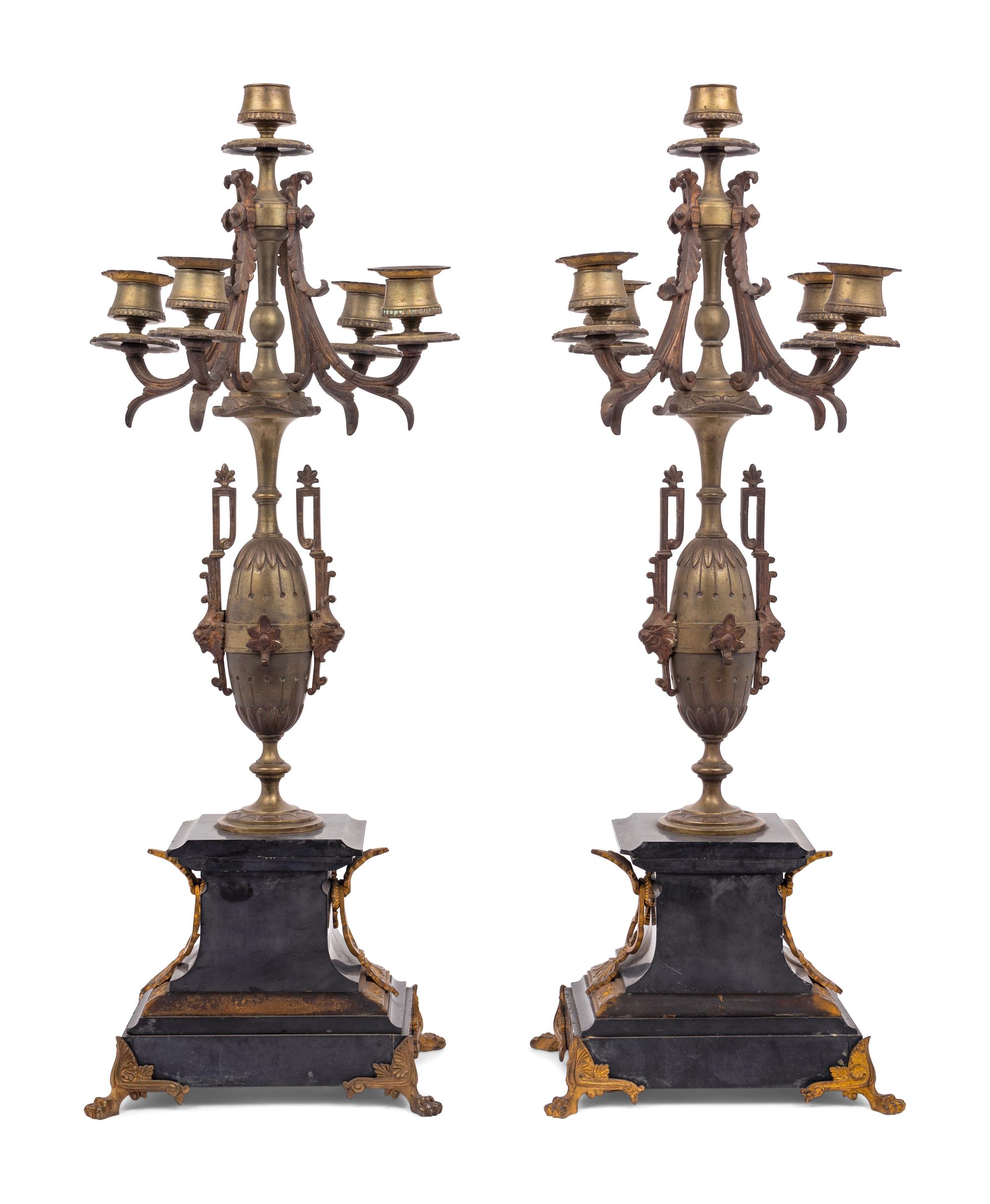 A Pair of French Gilt Bronze and Slate Five-Light Candelabra
