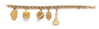 A 14 Karat Yellow Gold Charm Bracelet with Five Attached Charms, 24.70 dwts.