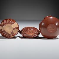 Red and Tan Carved Miniature Pottery
