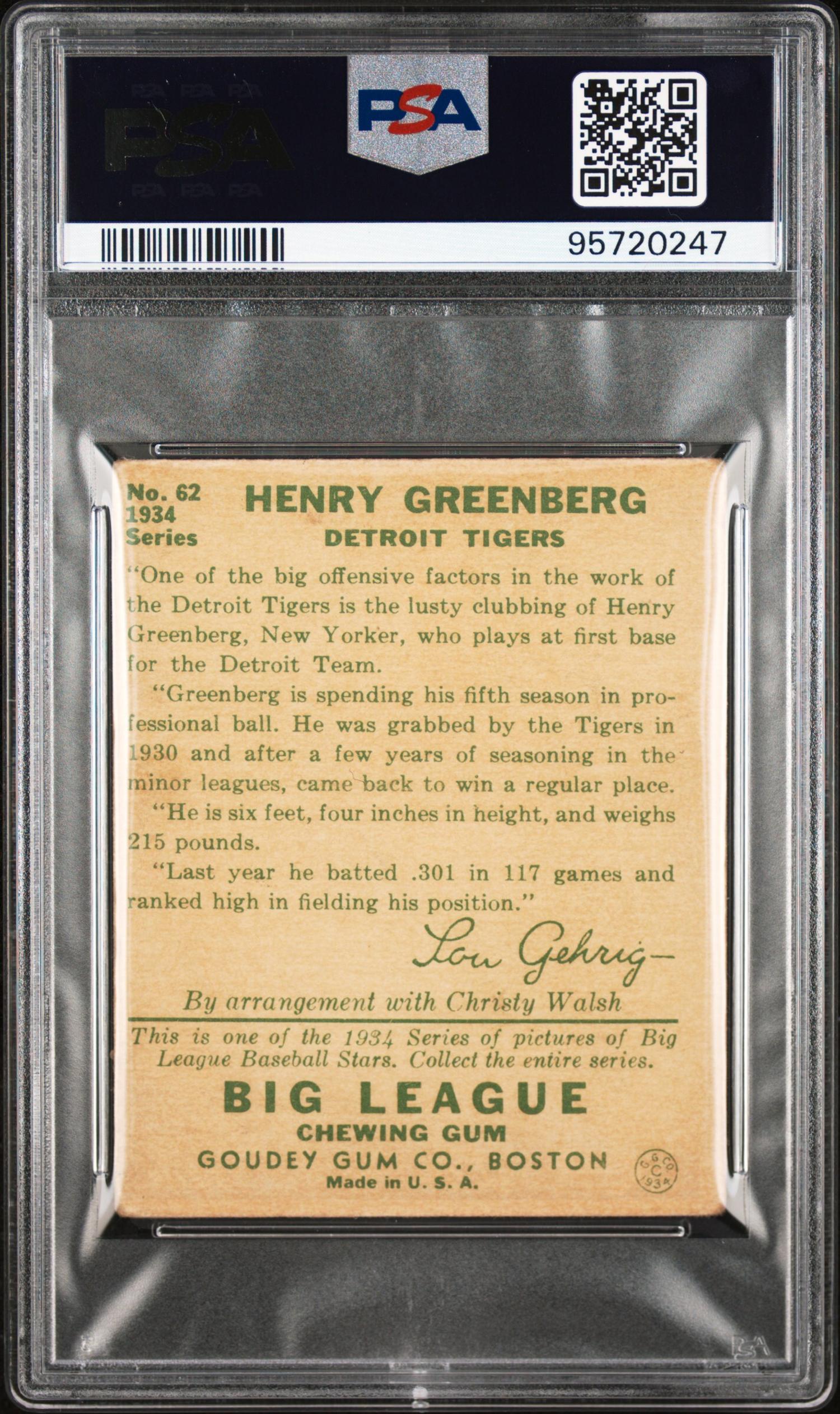 A 1934 Goudey Hank Greenberg Rookie Baseball Card No. 62 (PSA 1)