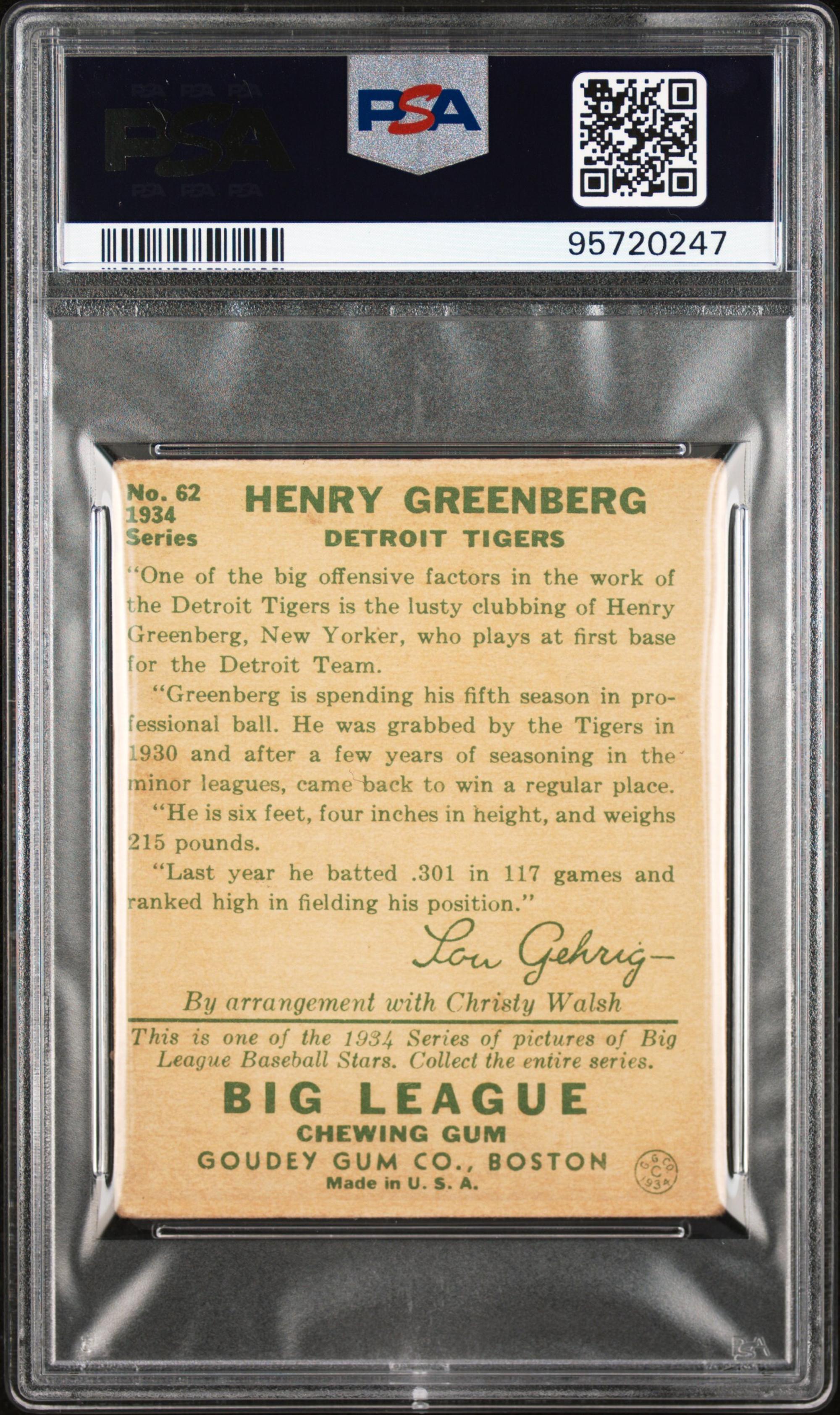 A 1934 Goudey Hank Greenberg Rookie Baseball Card No. 62 (PSA 1)