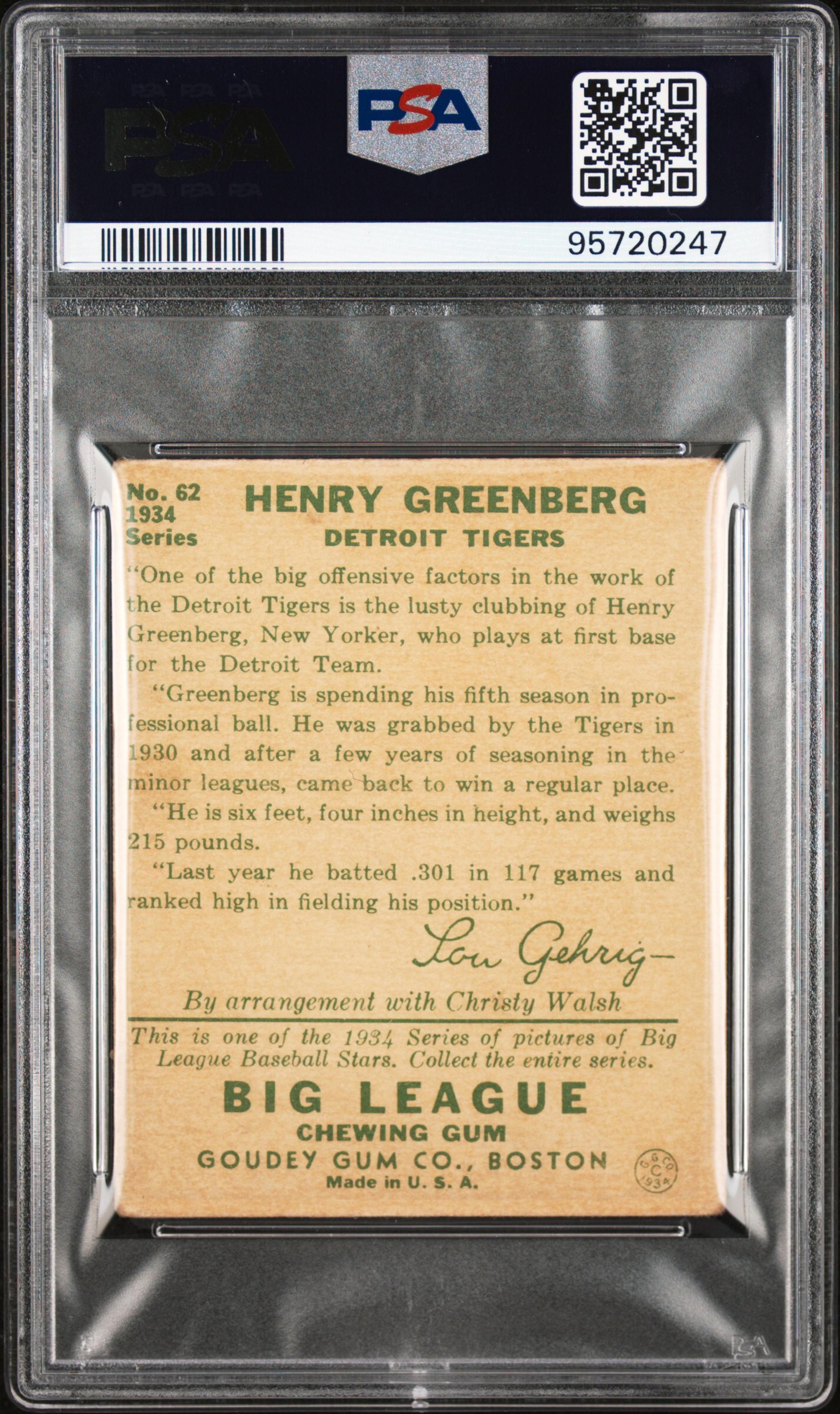 A 1934 Goudey Hank Greenberg Rookie Baseball Card No. 62 (PSA 1)