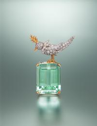 TIFFANY & CO., SCHLUMBERGER, GREEN BERYL AND DIAMOND 'BIRD ON A ROCK' BROOCH