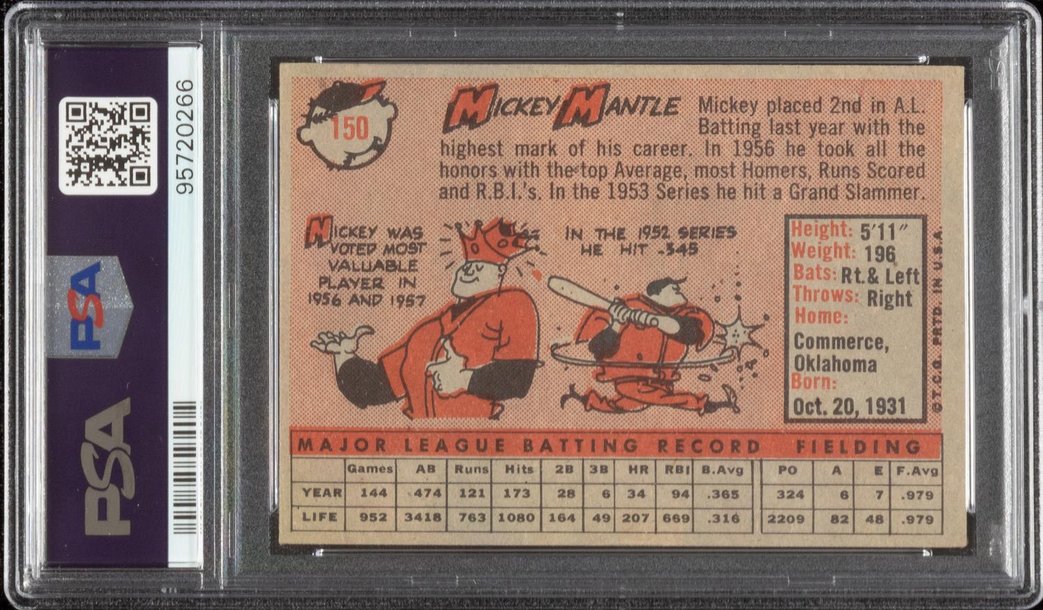 A 1958 Topps Mickey Mantle Baseball Card No. 150 (PSA 6 EX-MT)