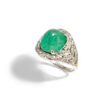 ART DECO, EMERALD, DIAMOND, AND PLATINUM RING