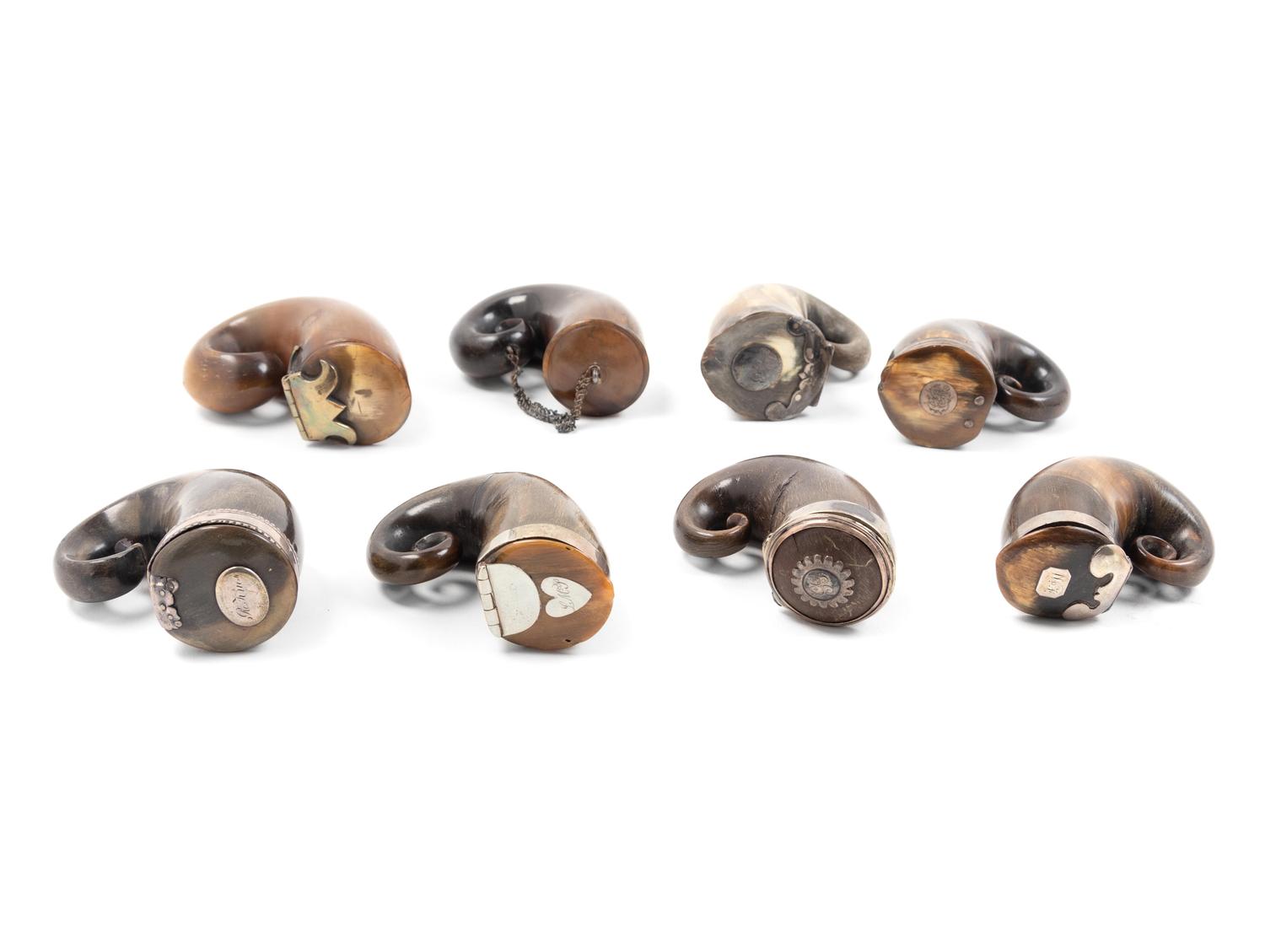 Eight Metal-Mounted Ram's Horn Snuff Mulls