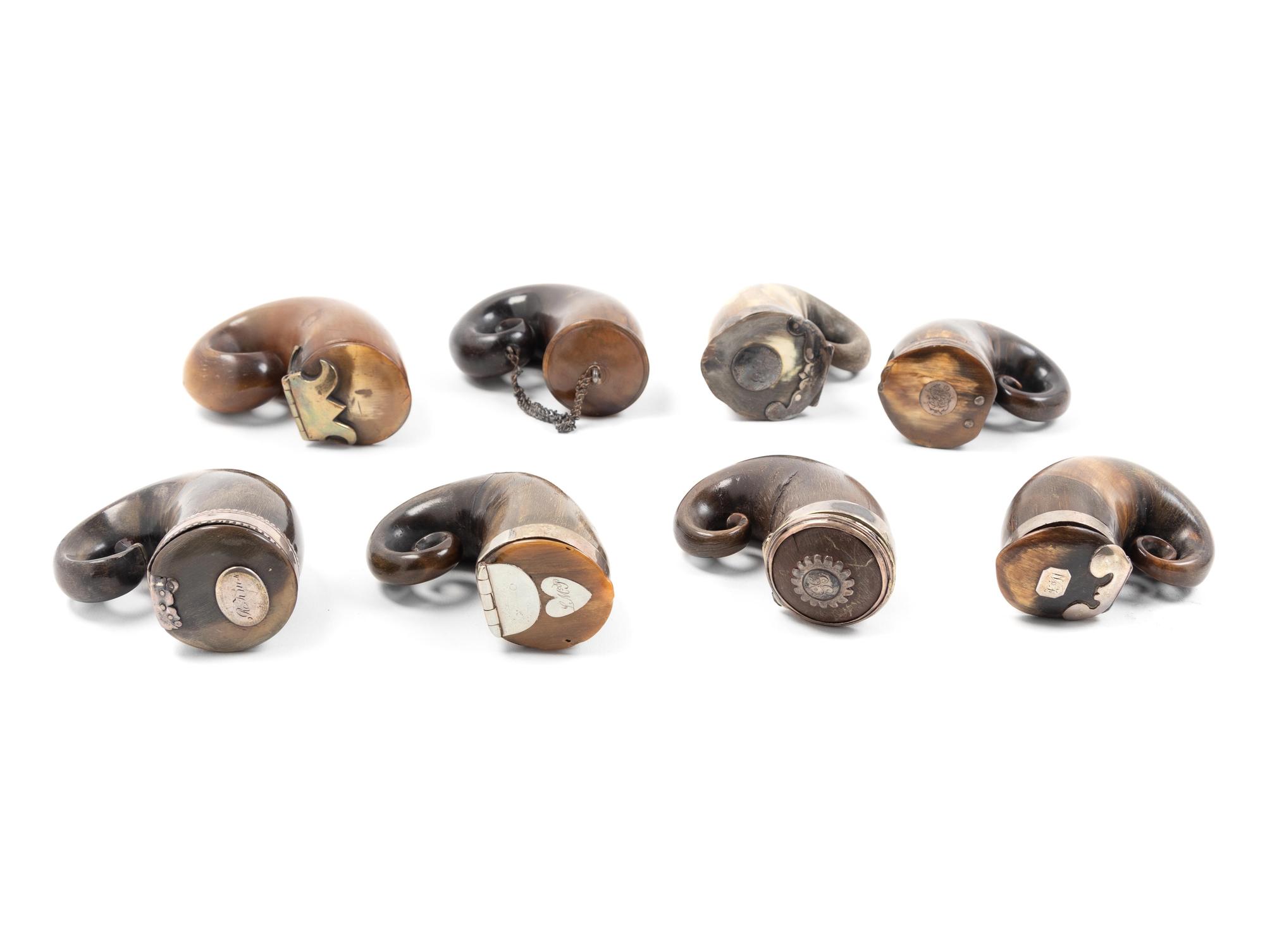 Eight Metal-Mounted Ram's Horn Snuff Mulls