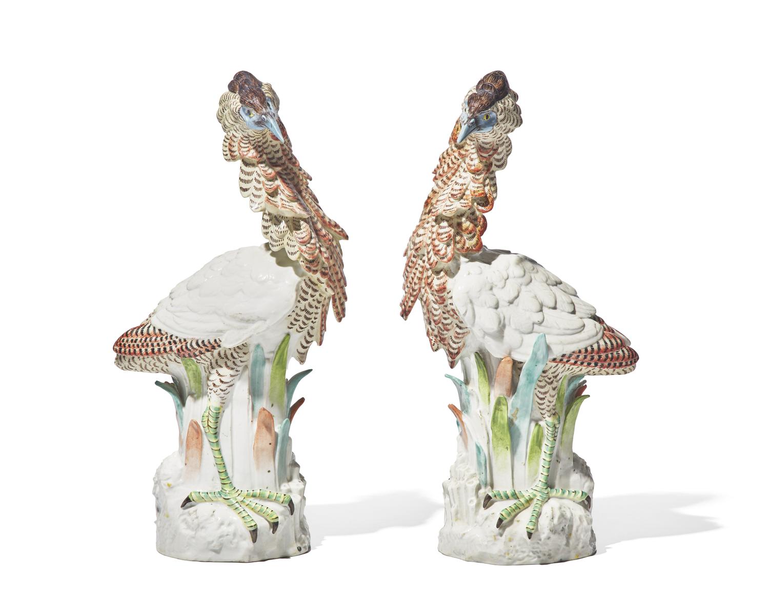 A pair of German porcelain figures of bitterns, likely A. W. Fr. Kister Porcelain Manufactory, Scheibe-Alsbach, Thuringia, circa 1900